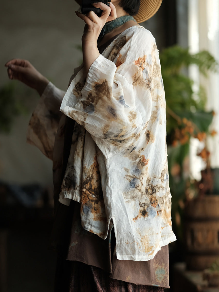 Women Summer Vintage Print O-Neck Thin Ramie Blouse