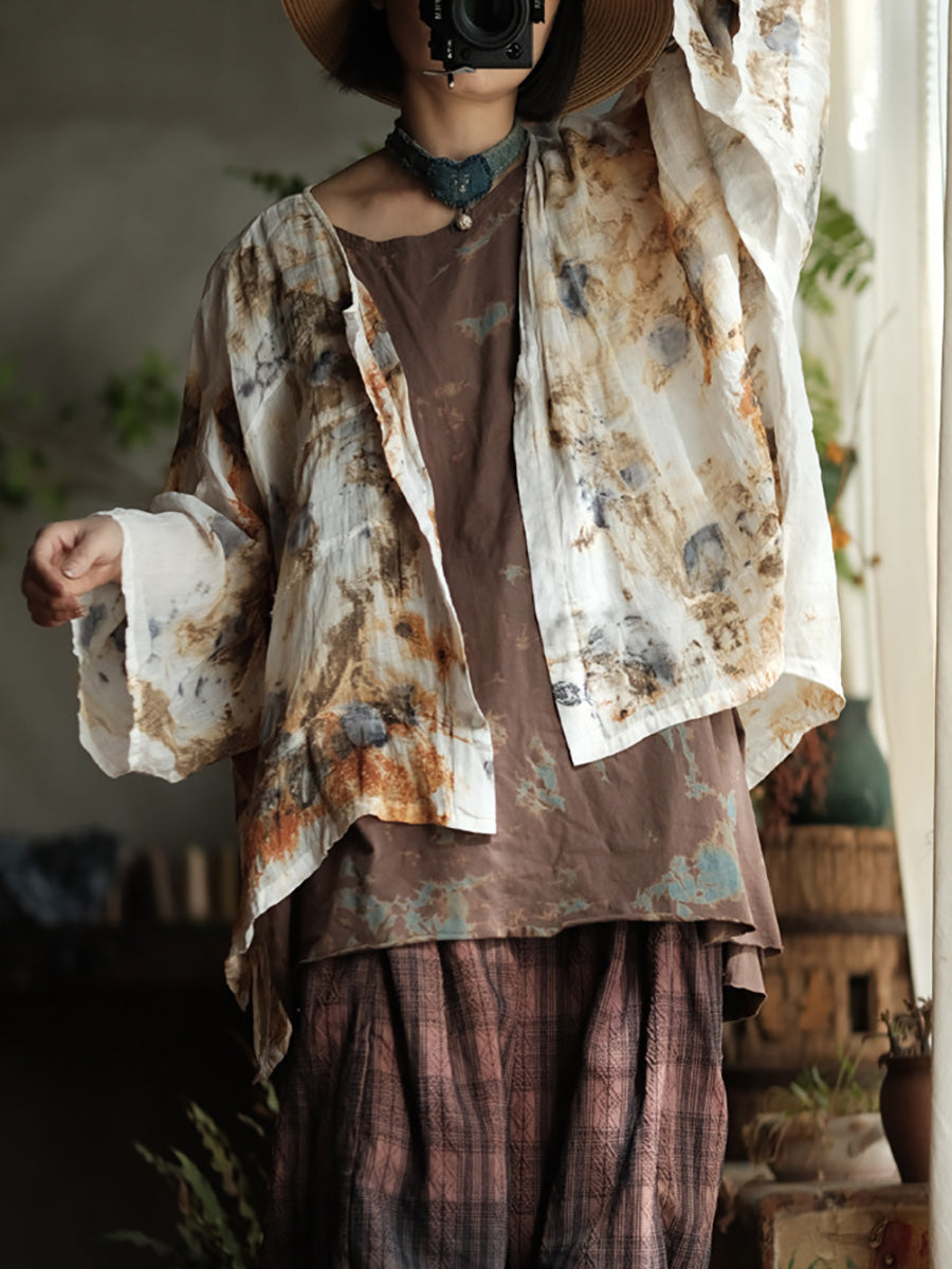 Women Summer Vintage Print O-Neck Thin Ramie Blouse