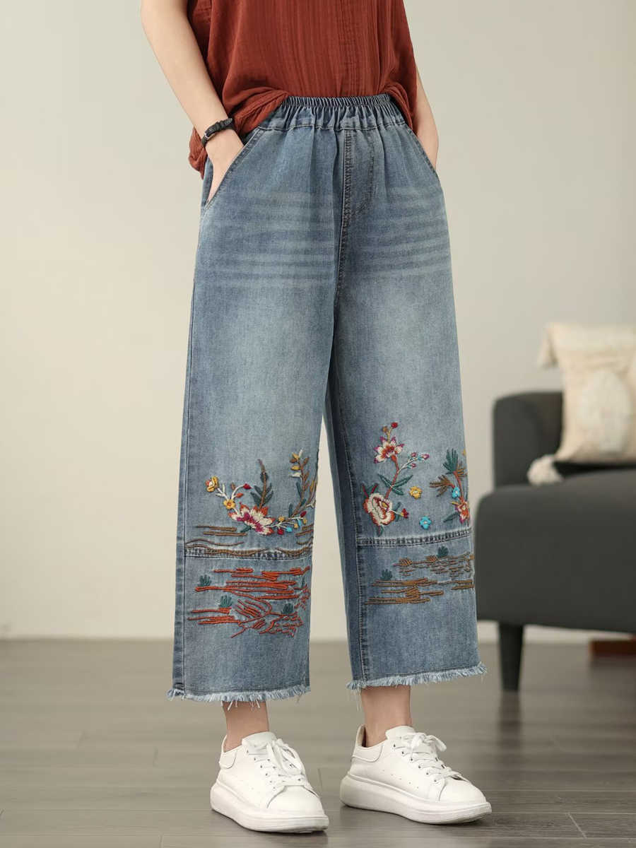Women Casual Summer Flower Embroidery Denim Straight Jeans