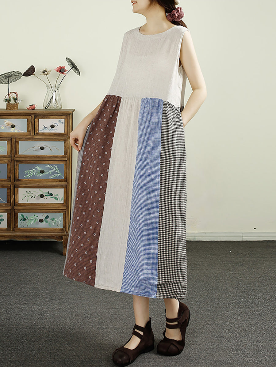 Plus Size Women Summer Plaid Spliced 100%Linen Vest Dress