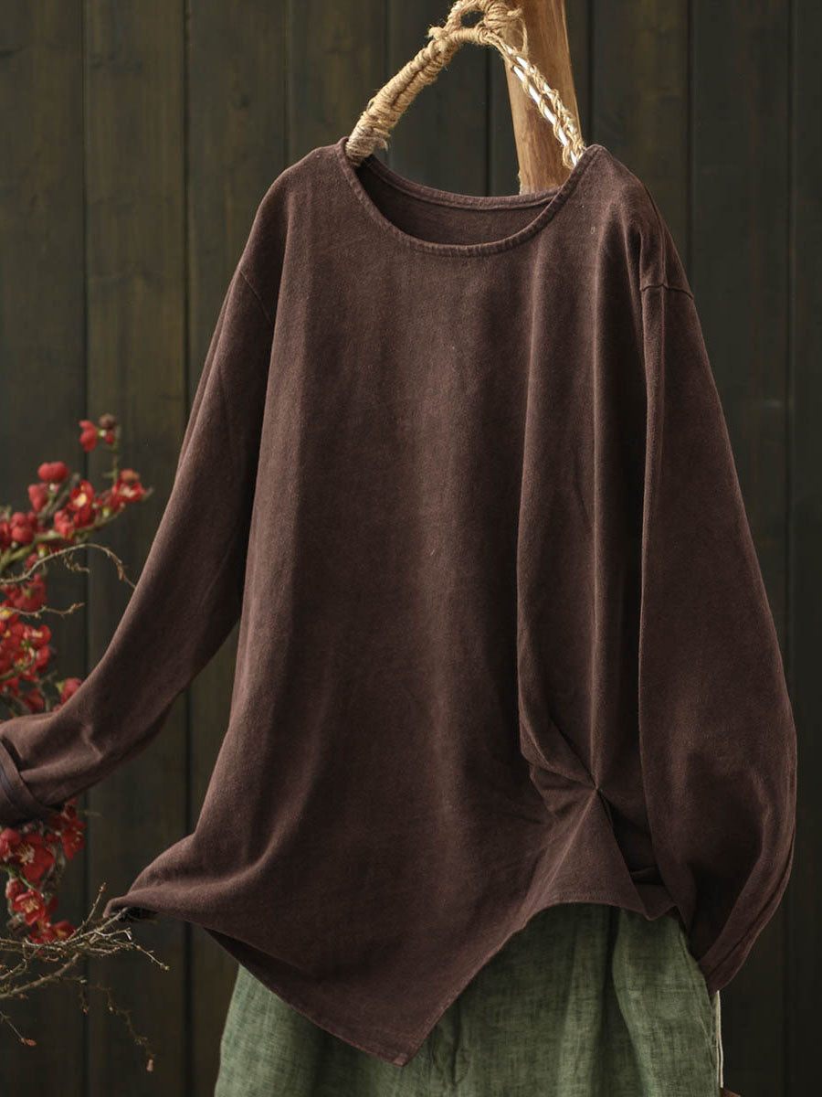 Plus Size Women Autumn Retro Pure Color Cotton Blouse