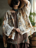 Women Summer Vintage Print O-Neck Thin Ramie Blouse