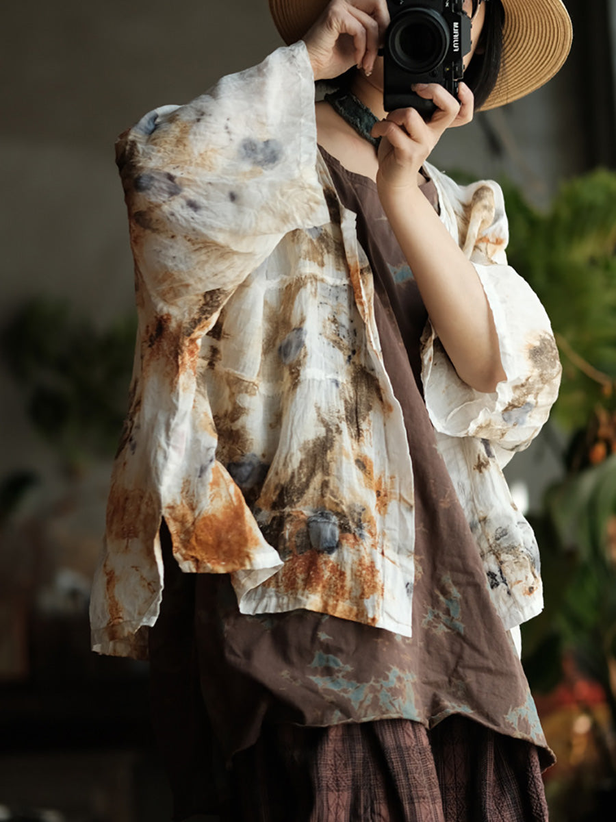 Women Summer Vintage Print O-Neck Thin Ramie Blouse