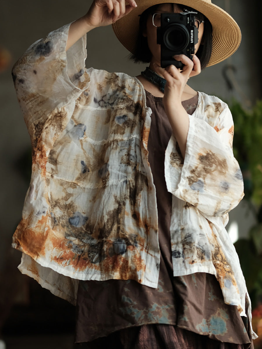 Women Summer Vintage Print O-Neck Thin Ramie Blouse