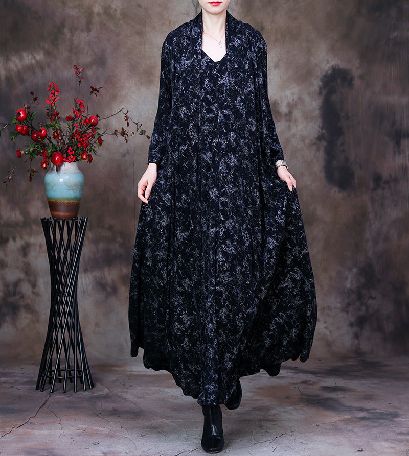Plus-Size Women Vintage Abstract Print V-Neck Loose Maxi Dress