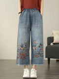 Women Casual Summer Flower Embroidery Denim Straight Jeans