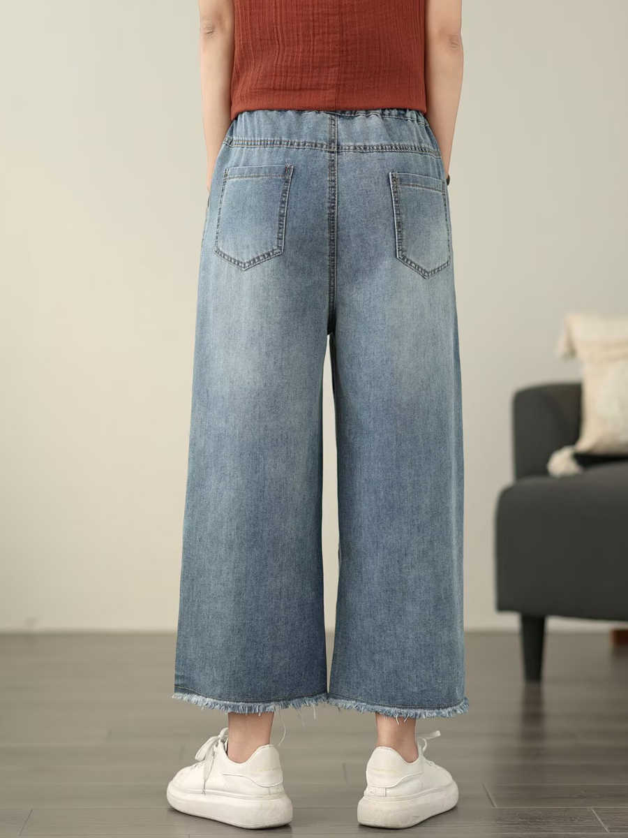 Women Casual Summer Flower Embroidery Denim Straight Jeans