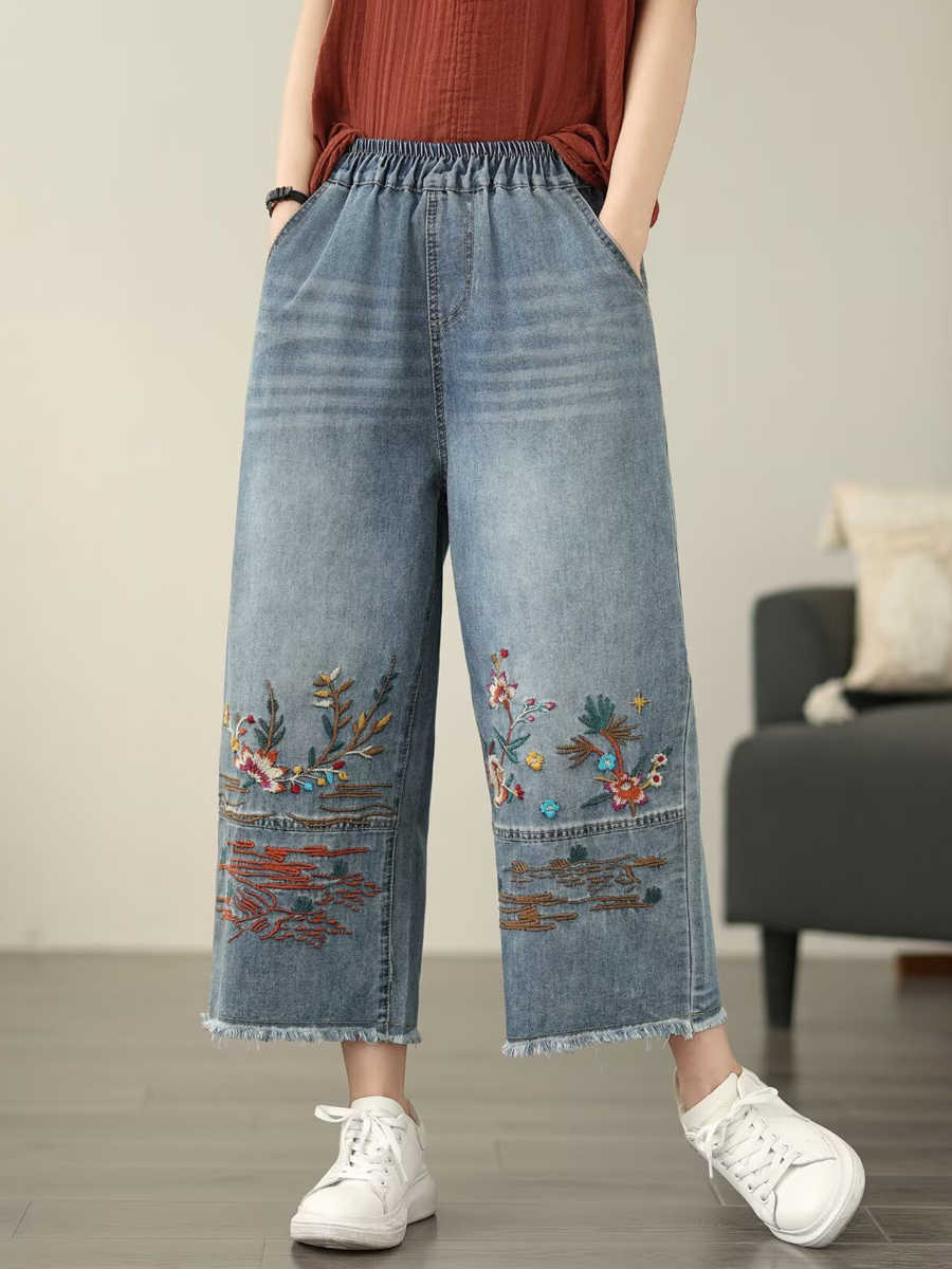 Women Casual Summer Flower Embroidery Denim Straight Jeans