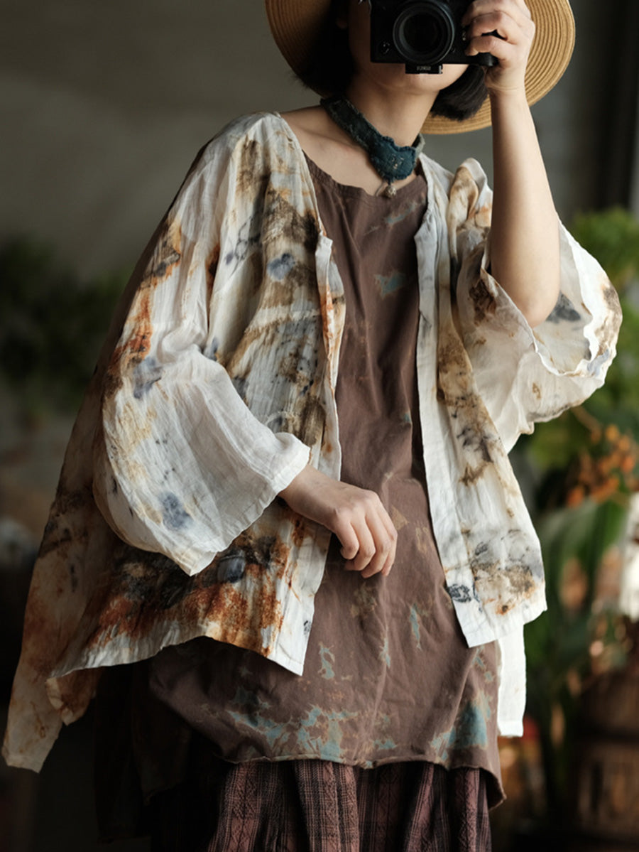 Women Summer Vintage Print O-Neck Thin Ramie Blouse