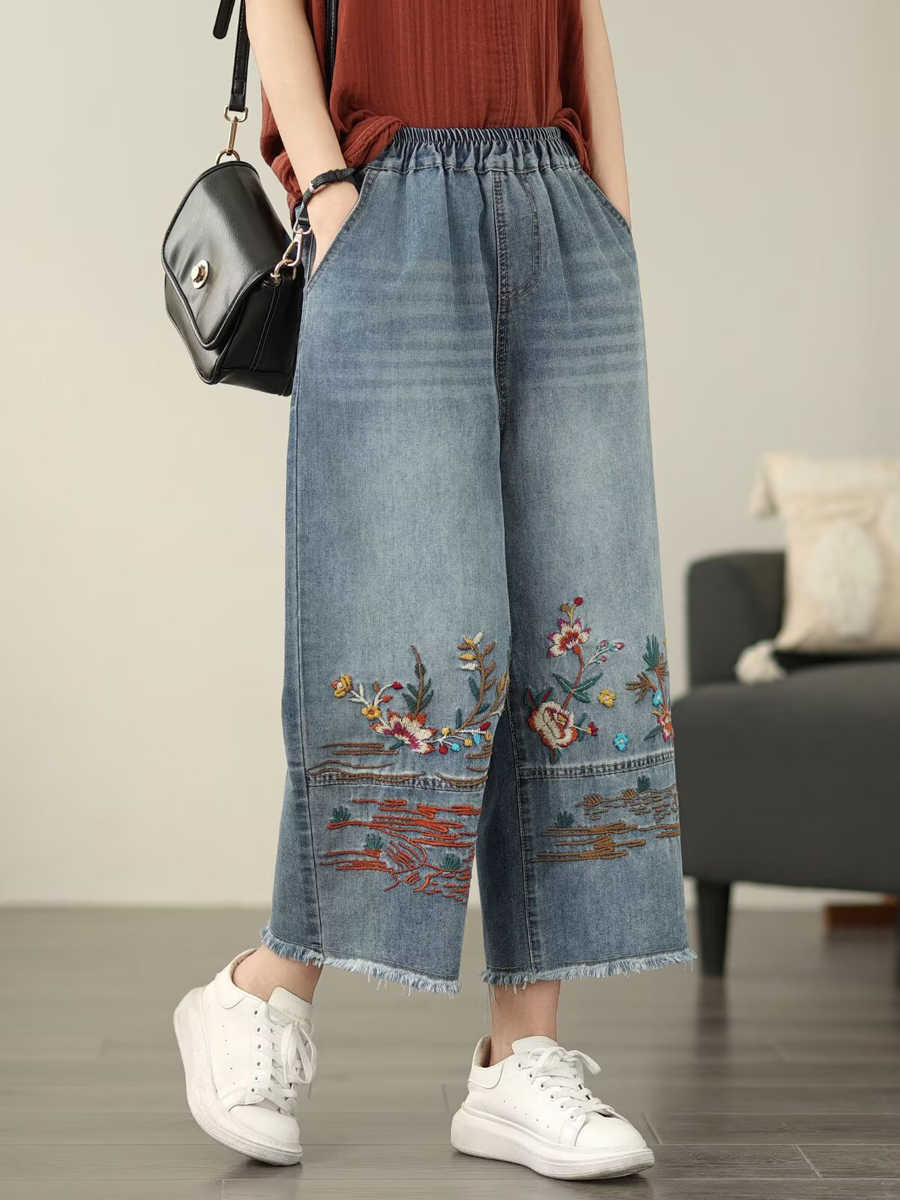 Women Casual Summer Flower Embroidery Denim Straight Jeans