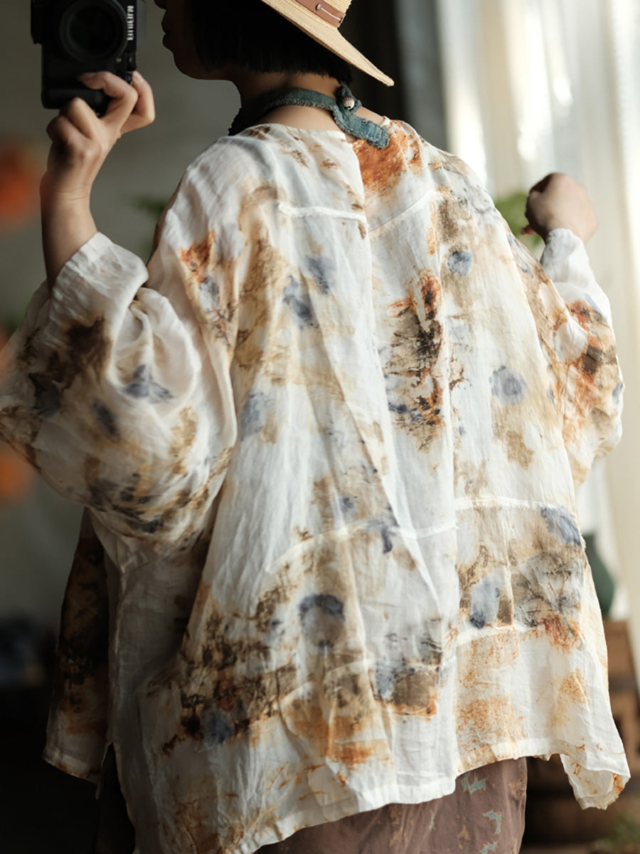 Women Summer Vintage Print O-Neck Thin Ramie Blouse