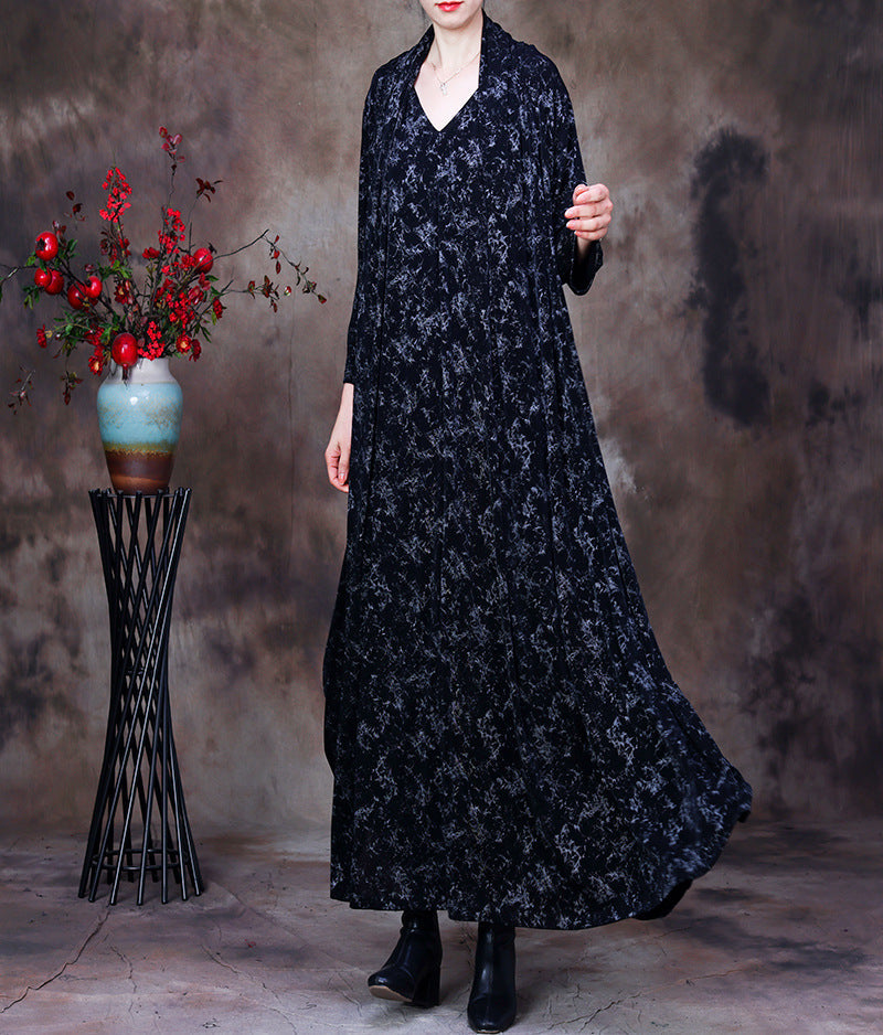 Plus-Size Women Vintage Abstract Print V-Neck Loose Maxi Dress