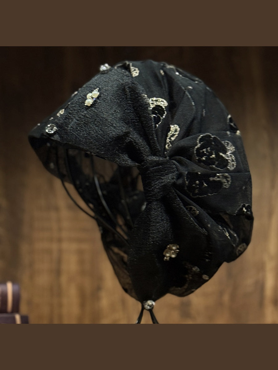 Women Spring Summer Rhinestone Floral Beaded Mesh Beanie Cap