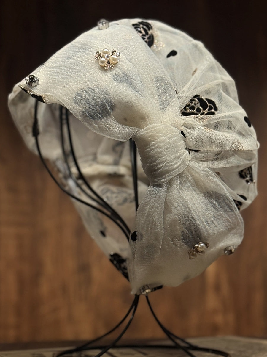 Women Spring Summer Rhinestone Floral Beaded Mesh Beanie Cap