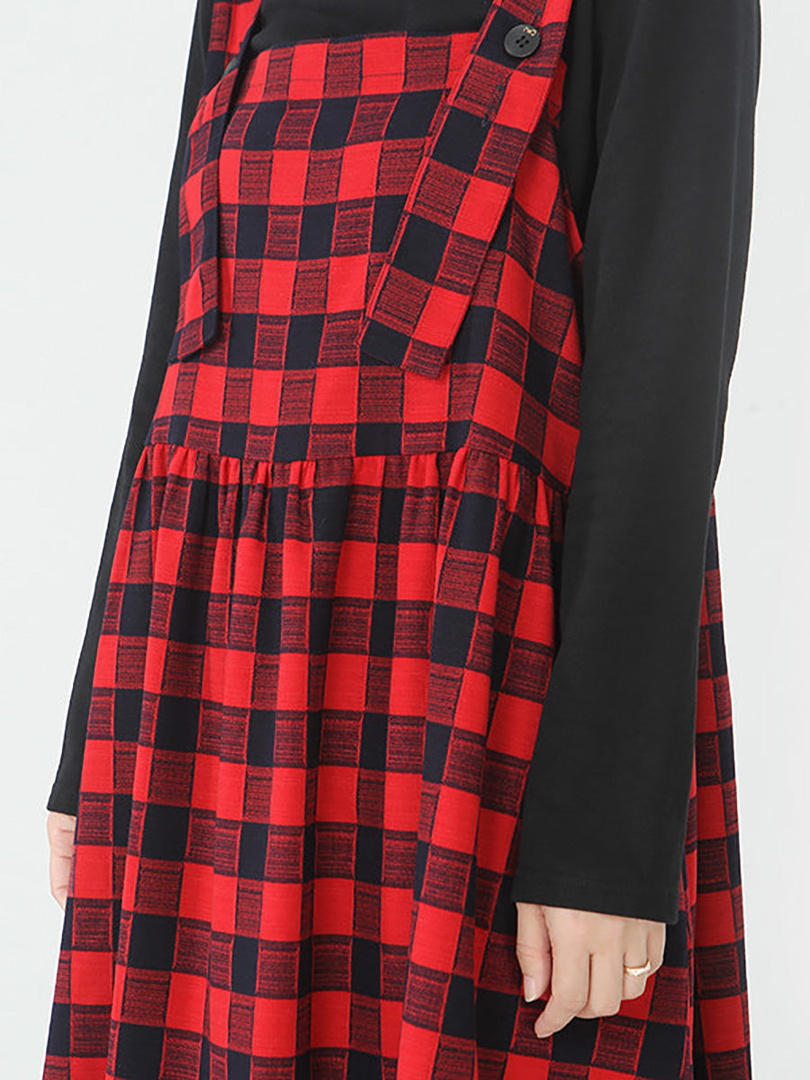Plus Size Women Cotton Top and Plaid Pinafore Dress Set