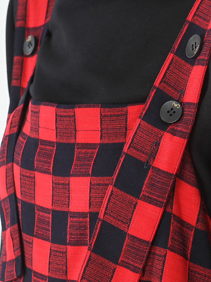 Plus Size Women Cotton Top and Plaid Pinafore Dress Set