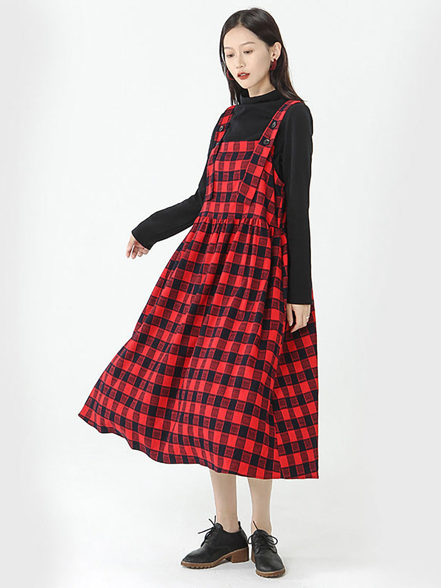 Plus Size Women Cotton Top and Plaid Pinafore Dress Set