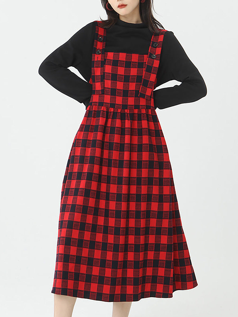Plus Size Women Cotton Top and Plaid Pinafore Dress Set