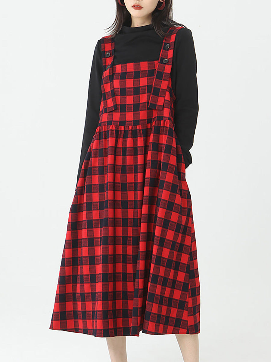 Plus Size Women Cotton Top and Plaid Pinafore Dress Set