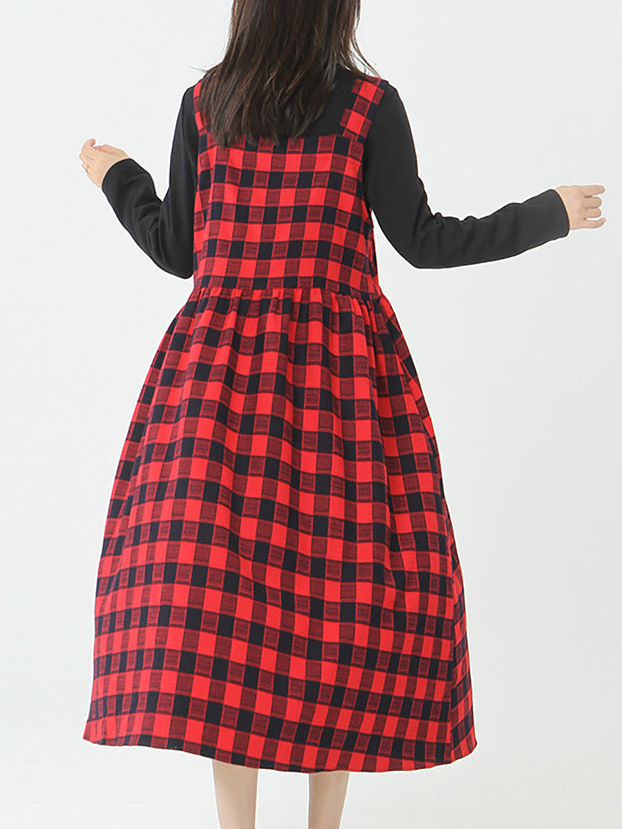 Plus Size Women Cotton Top and Plaid Pinafore Dress Set