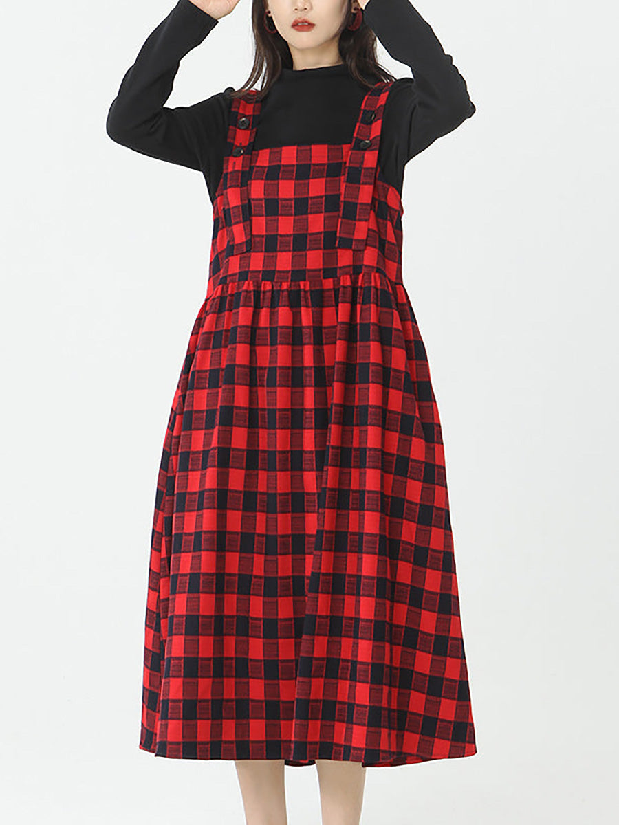 Plus Size Women Cotton Top and Plaid Pinafore Dress Set