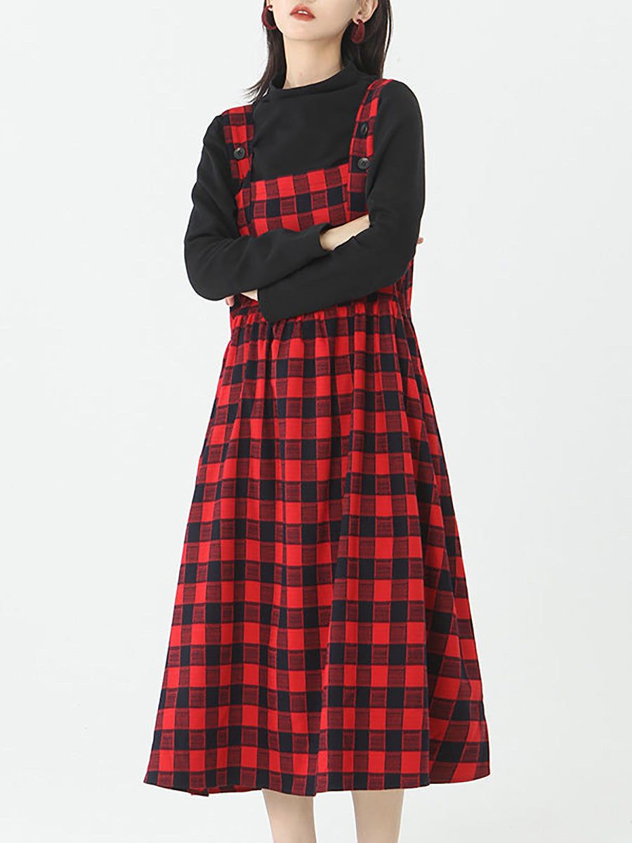 Plus Size Women Cotton Top and Plaid Pinafore Dress Set