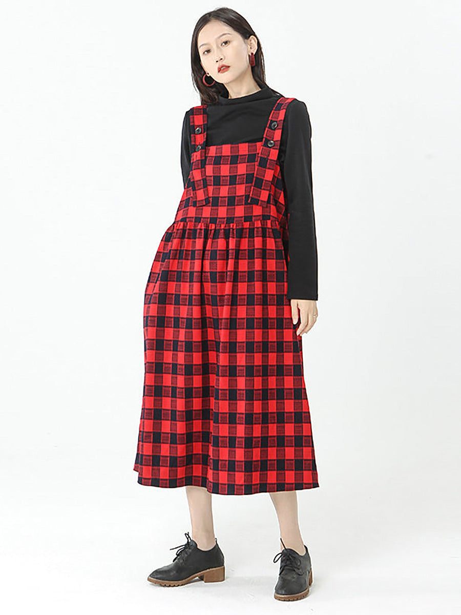 Plus Size Women Cotton Top and Plaid Pinafore Dress Set