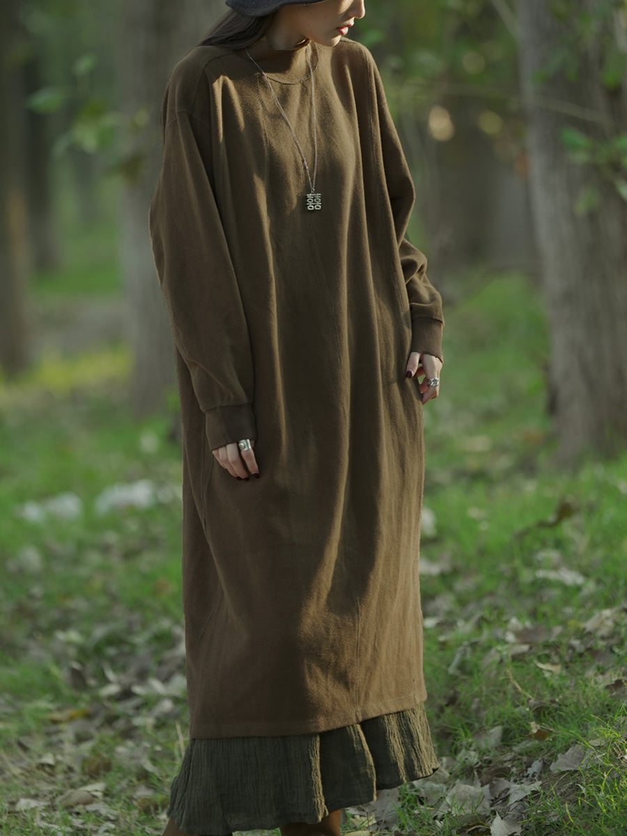 Plus Size Women Autumn Casual Pure Color Stand Collar Knit Dress