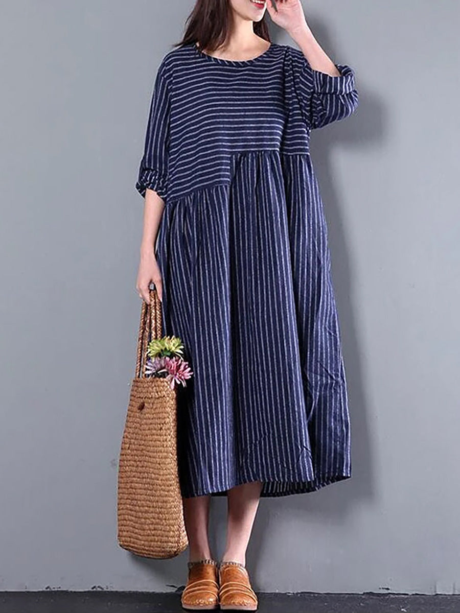 Plus Size - Casual Loose Stripe Long Sleeve Dress