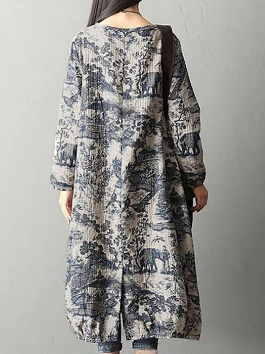 Women's Plus Size Cotton Vintage Casual Loose Toile Print Maxi Dress