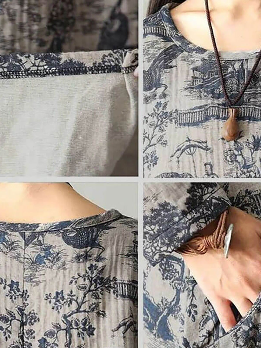 Women's Plus Size Cotton Vintage Casual Loose Toile Print Maxi Dress
