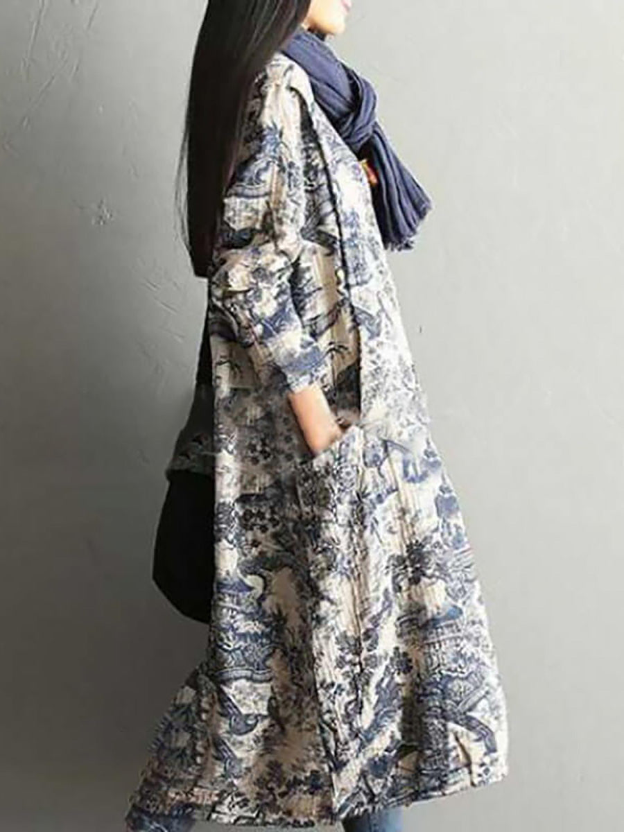 Women's Plus Size Cotton Vintage Casual Loose Toile Print Maxi Dress