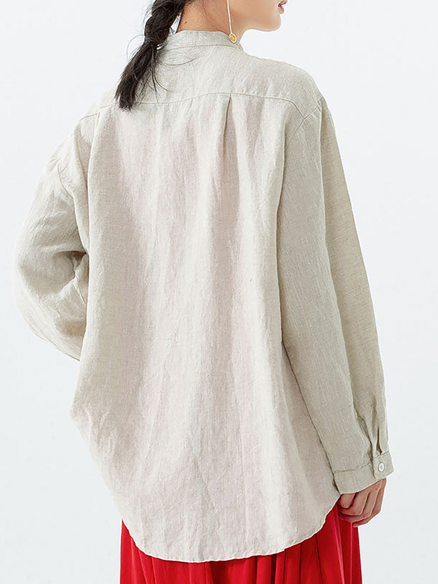 Plus Size - Women Retro Embroidered  Loose 100% Linen Shirt