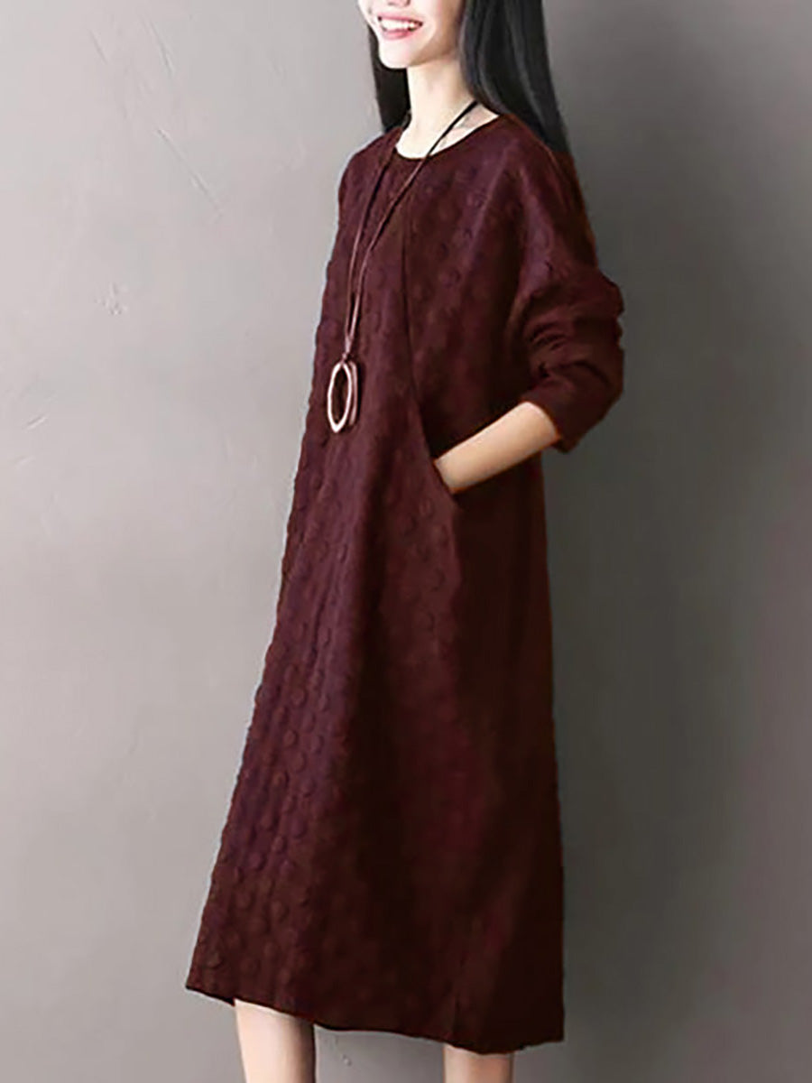 Plus Size Solid Embossed Dot Stretch Long Sleeve Dress