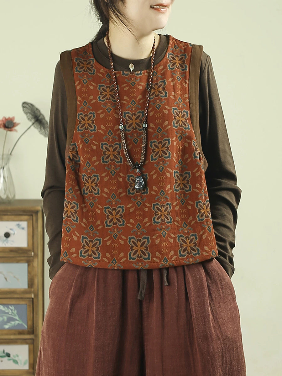 Women Vintage Square Neck Printed Bound-Edge Vest