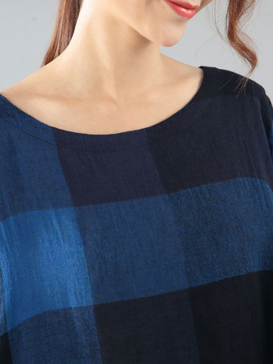 Plus Size Women Literature Lattice Loose Elbow Sleeve Dark Blue Dress