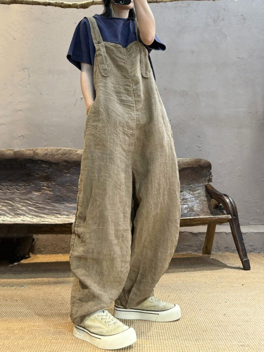 Plus Size Women Summer Retro Pure Color Linen Loose Jumpsuits