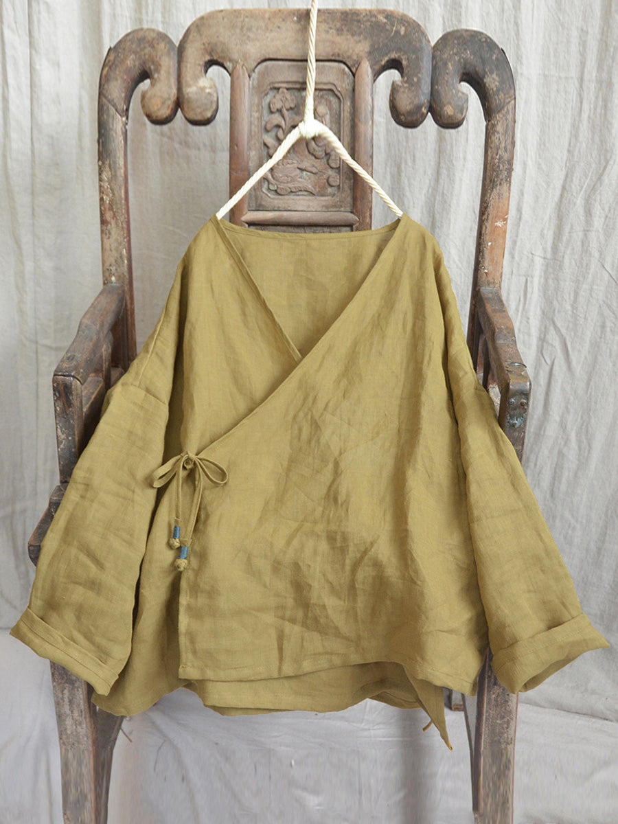 Women Vintage Autumn V-Neck Strap Loose Linen Shirt