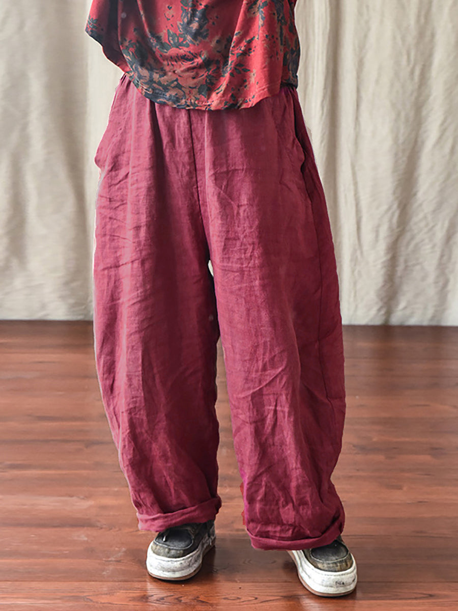 Plus Size Women Linen Pocket Elastic Waist Pure Color Harem Pants