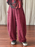 Plus Size Women Linen Pocket Elastic Waist Pure Color Harem Pants