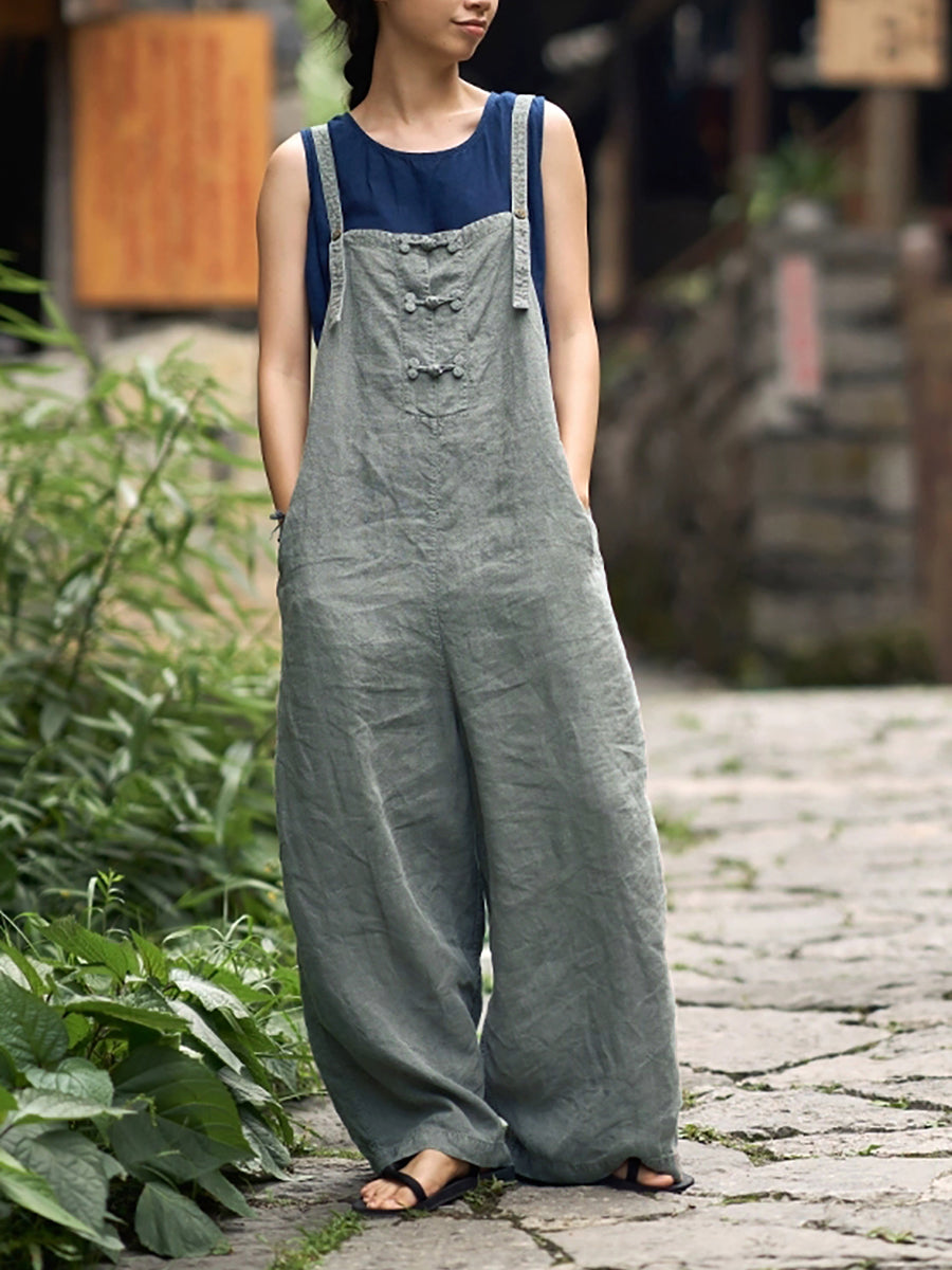 Plus Size Women Summer Retro Pure Color Jumpsuits