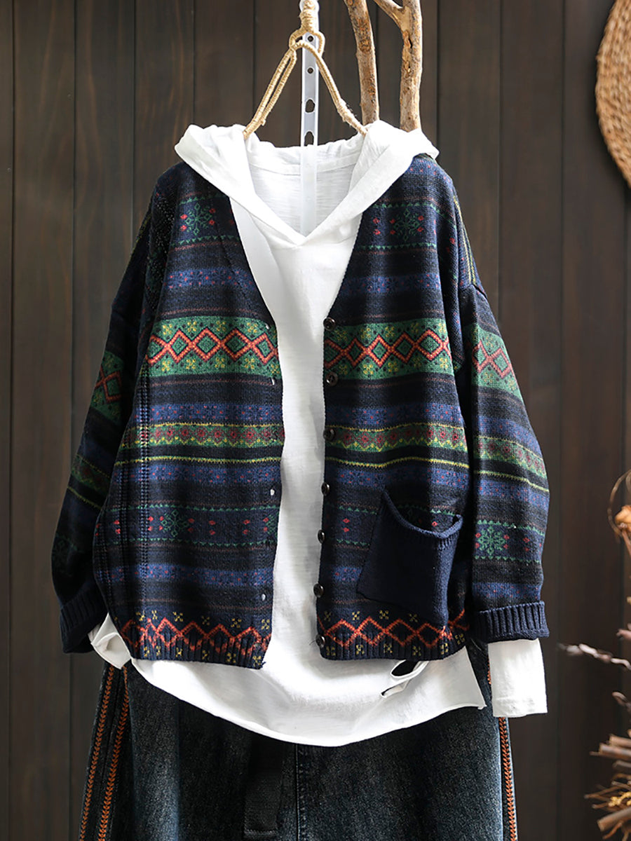 Plus Size Women Autumn Geometric Knitted V-neck Sweater