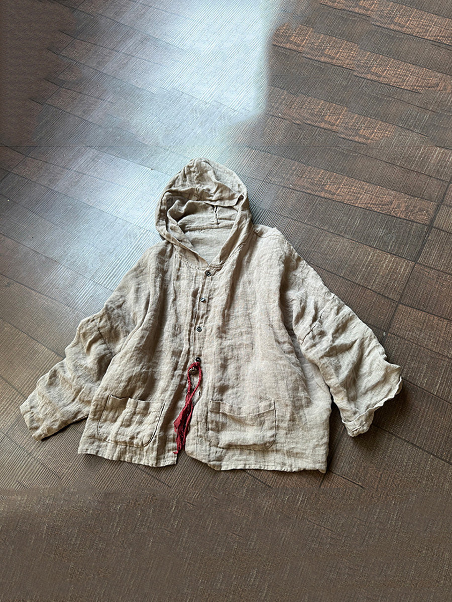 Plus Size Women Summer Vintage Linen Solid Button-up Hooded Shirt