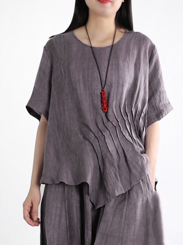 Plus Size Women Vintage Solid Linen Cotton Shirt+Pants