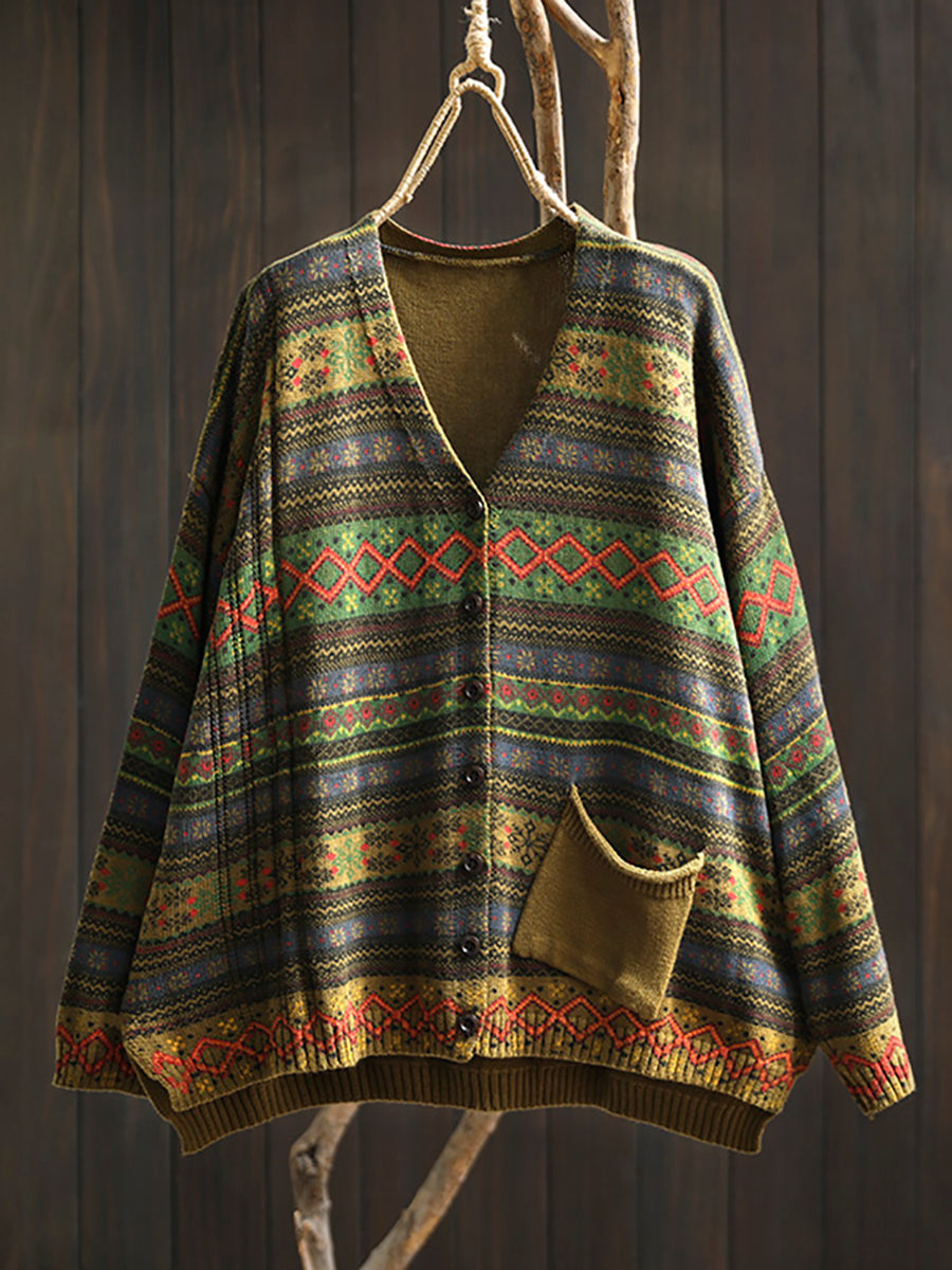 Plus Size Women Autumn Geometric Knitted V-neck Sweater