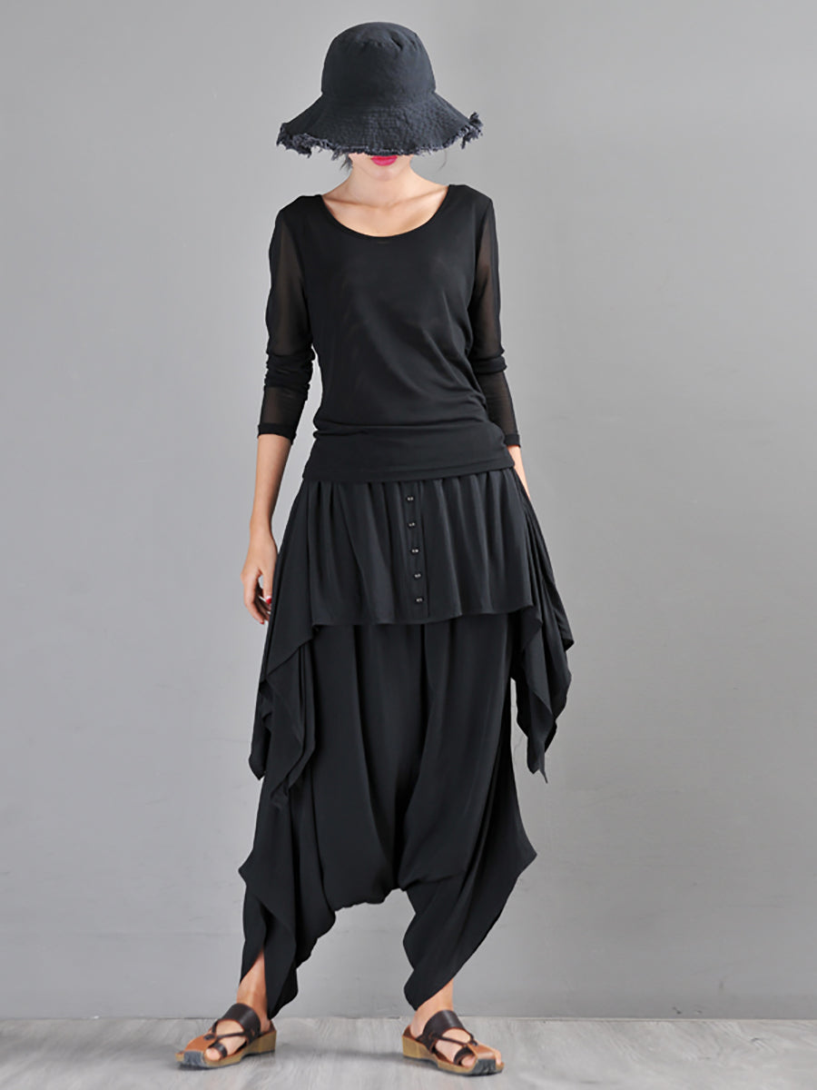 Women Summer Cotton Irregular Skirt-Harem Pants Jumpsuit
