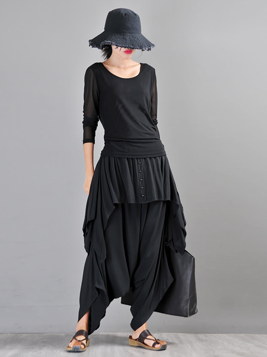 Women Summer Cotton Irregular Skirt-Harem Pants Jumpsuit