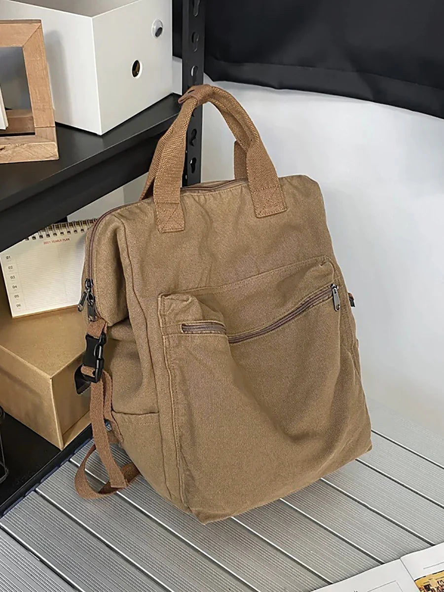 Casual Solid Canvas Zipper Backpack