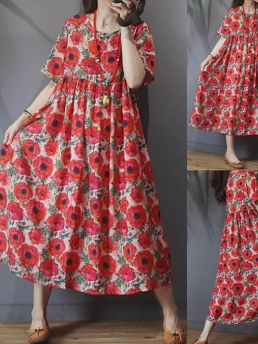 Plus Size Women Floral Vintage Casual Short Sleeve Dress