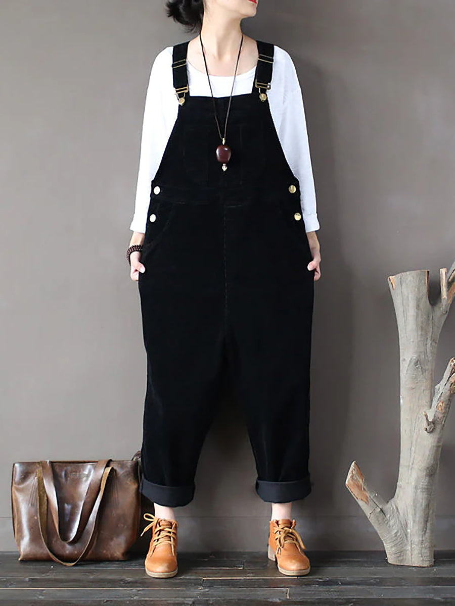 Plus Size Women Solid Color Corduroy Jumpsuits
